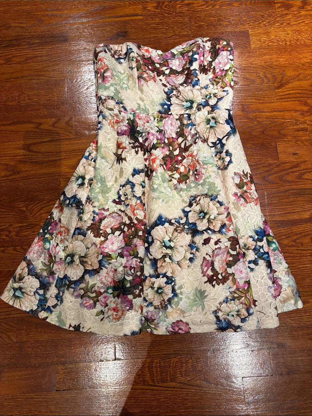 David's Bridal Cream Floral Strapless Midi Dress